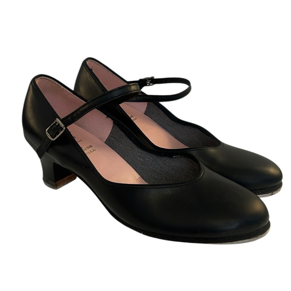 Capezio Girls Black Closed Toe Ankle Strap‎ Kitten Heel Tap Dance Shoes Size 8W